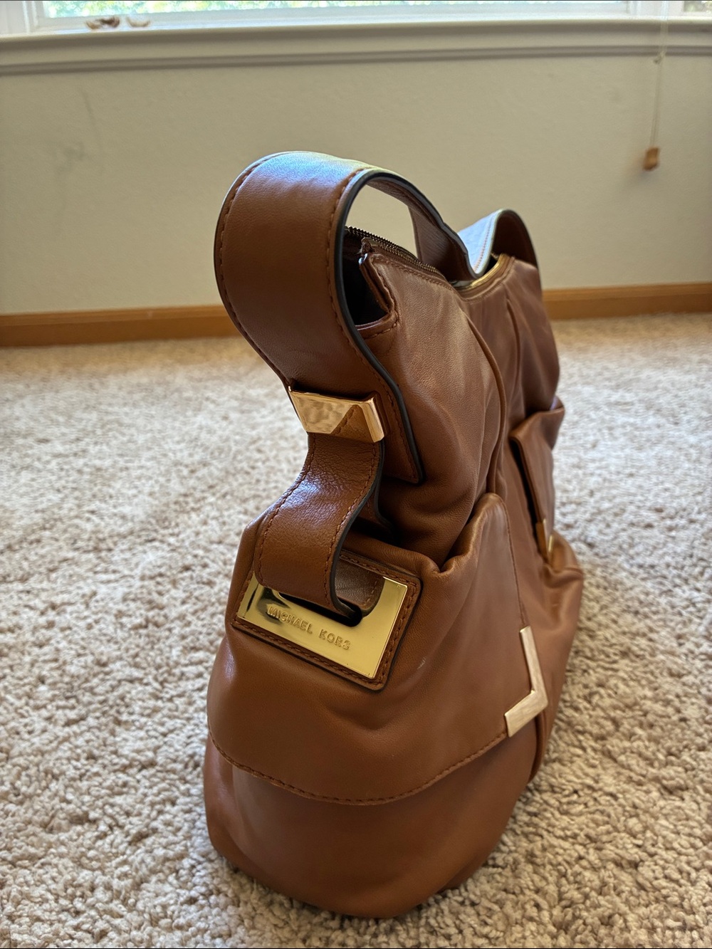 Michael Kors Tan Leather Shoulder Hobo Bag with Gold Hardware
